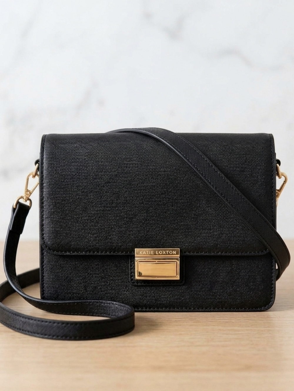 EUC KATIE LOXTON Structured Black Saffiano Vegan Leather Crossbody Purse
